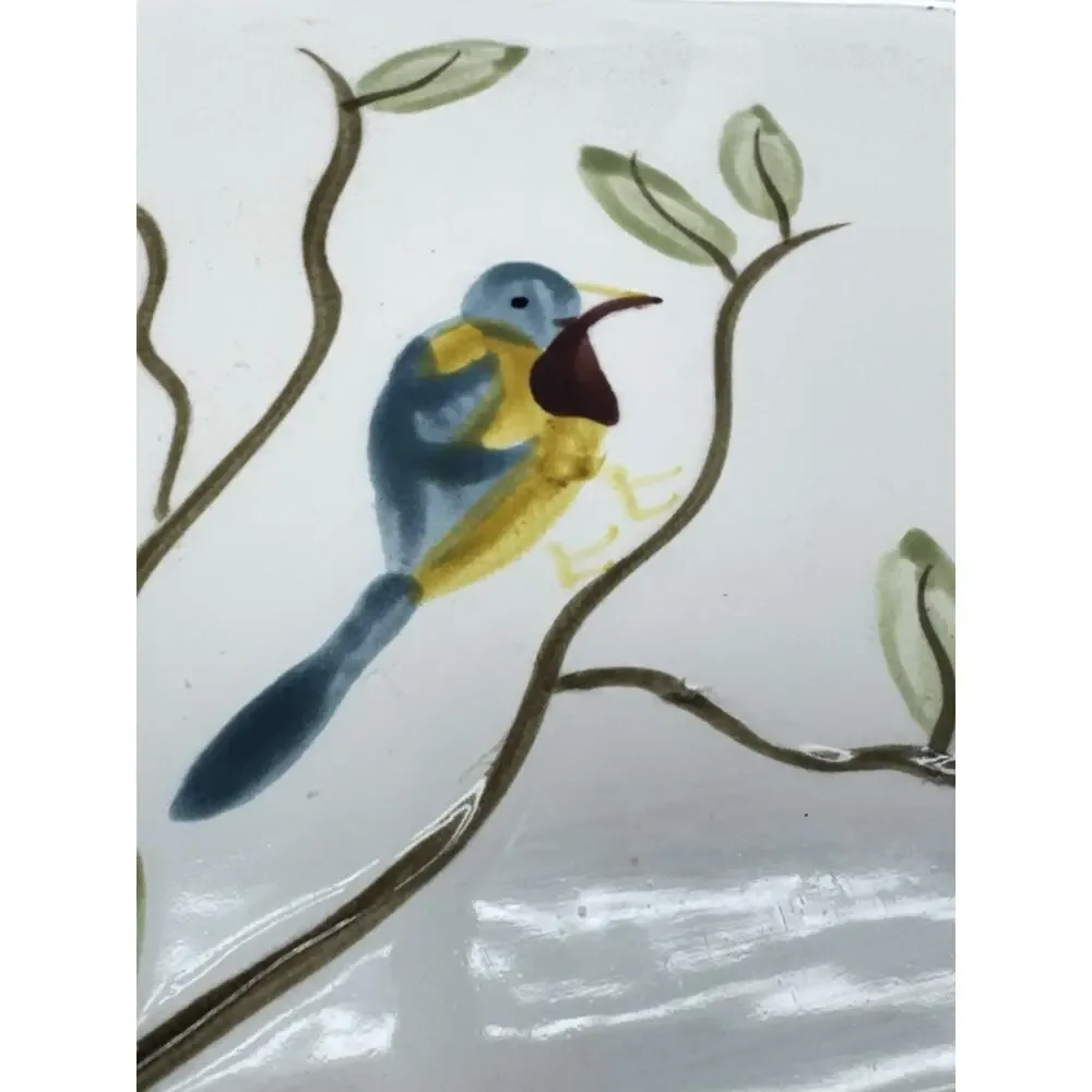 Pier 1 ROBIN Earthenware 8.25in Square Scalloped Edge Plate Bird Twig Lot of 2